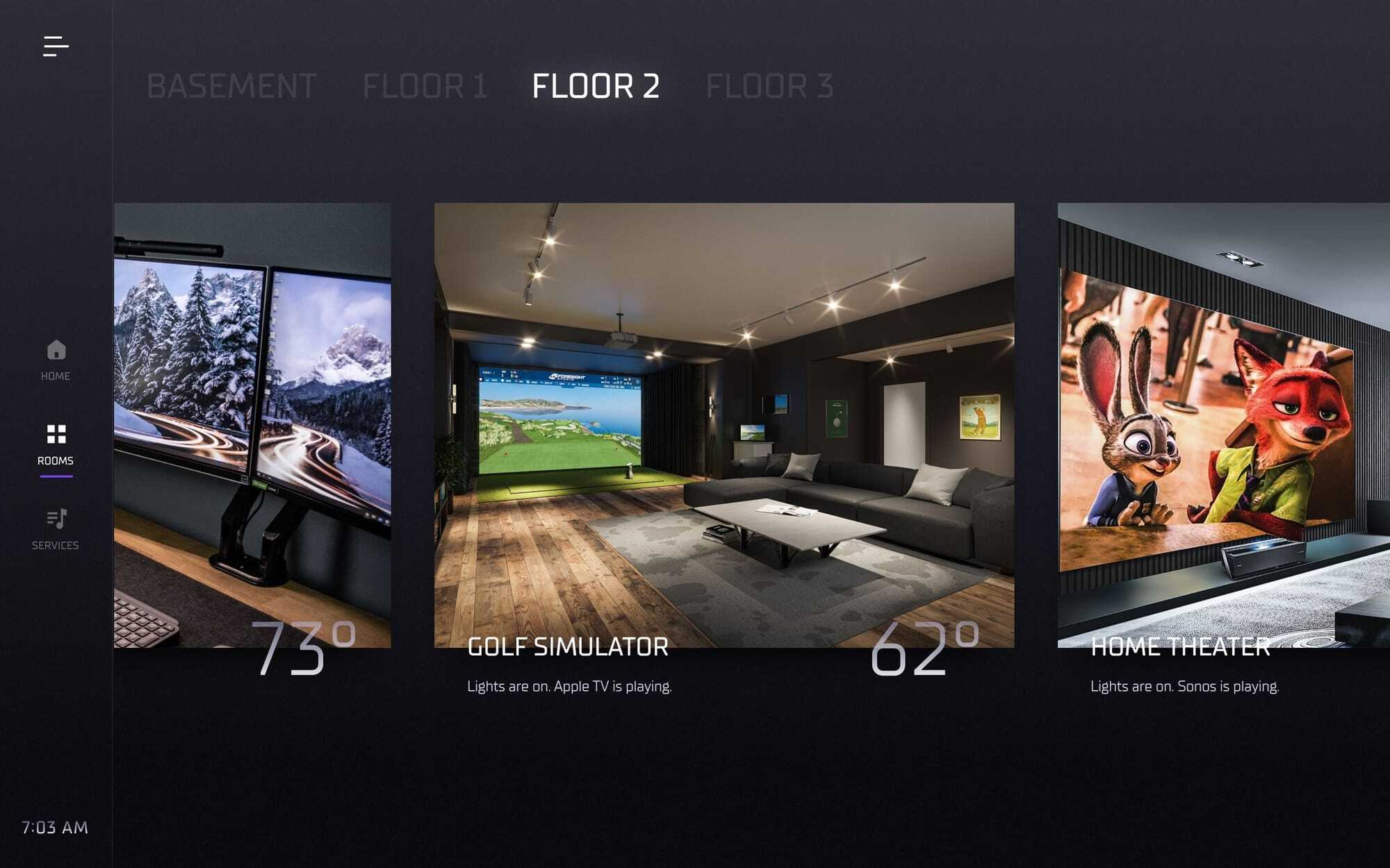 Tahoe panel — Rooms view at a residence, showing Floor 2 with golf simulator, monitors and home theater tiles.