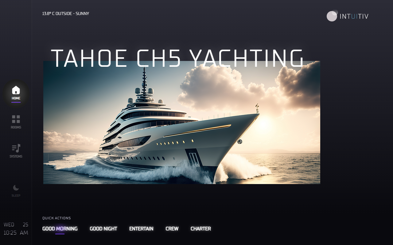 Tahoe home screen — full-bleed yacht imagery with quick actions for Good Morning, Good Night, Entertain, Crew, Charter.