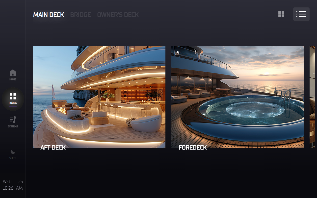 Tahoe panel — Yacht Rooms view, showing Main Deck with Aft Deck and Foredeck tiles.