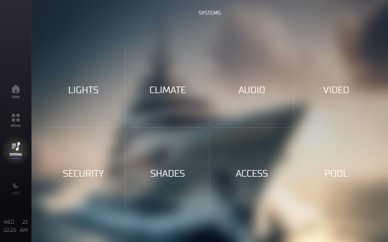 Tahoe yacht Systems view — Lights, Climate, Audio, Video, Security, Shades, Access, Pool tiles.